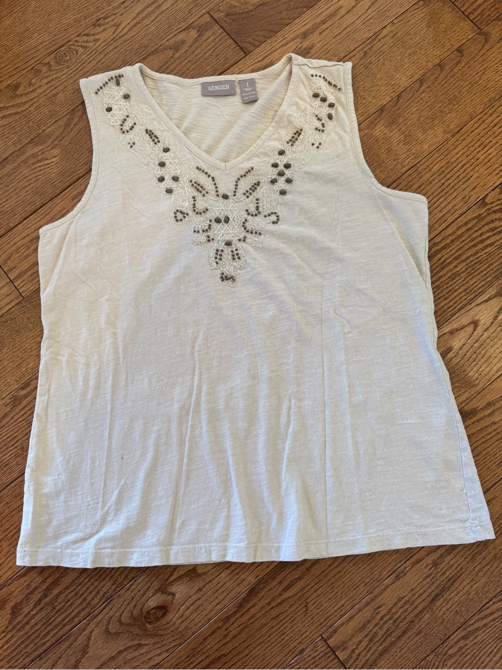 Chicos 100%Cotton Beige Beaded Embroidered Top Women’s Size 1 Medium Tank Top
